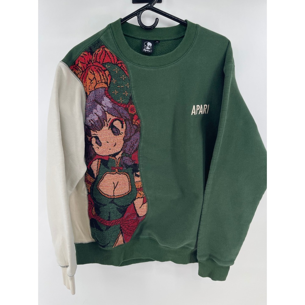 Apari Anime Tapestry Sweatshirt Unisex Medium Green Cream Woven ART Patchwork